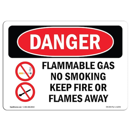OSHA Danger Sign, Flammable Gas No Smoking, 18in X 12in Rigid Plastic